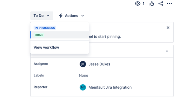 Switching the status to Done from In Progress in Jira will automatically resolve the issue in Memfault